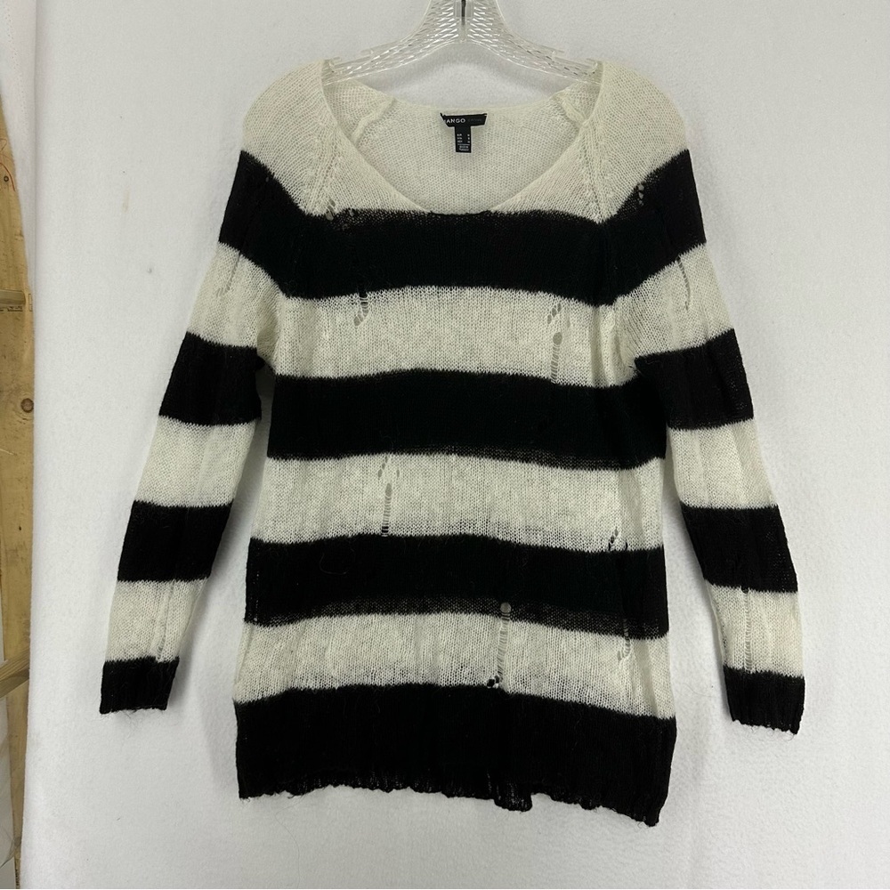 Mango Long Sleeve Striped Distressed‎ Sweater Small Black White